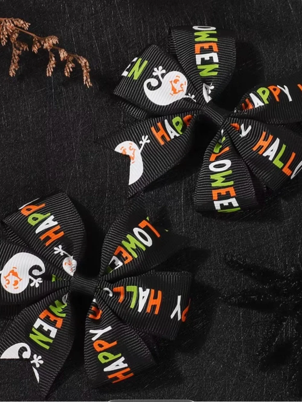 Halloween Ghost & Pumpkin Hair Bows for Kids - Black, Orange & Green set of two